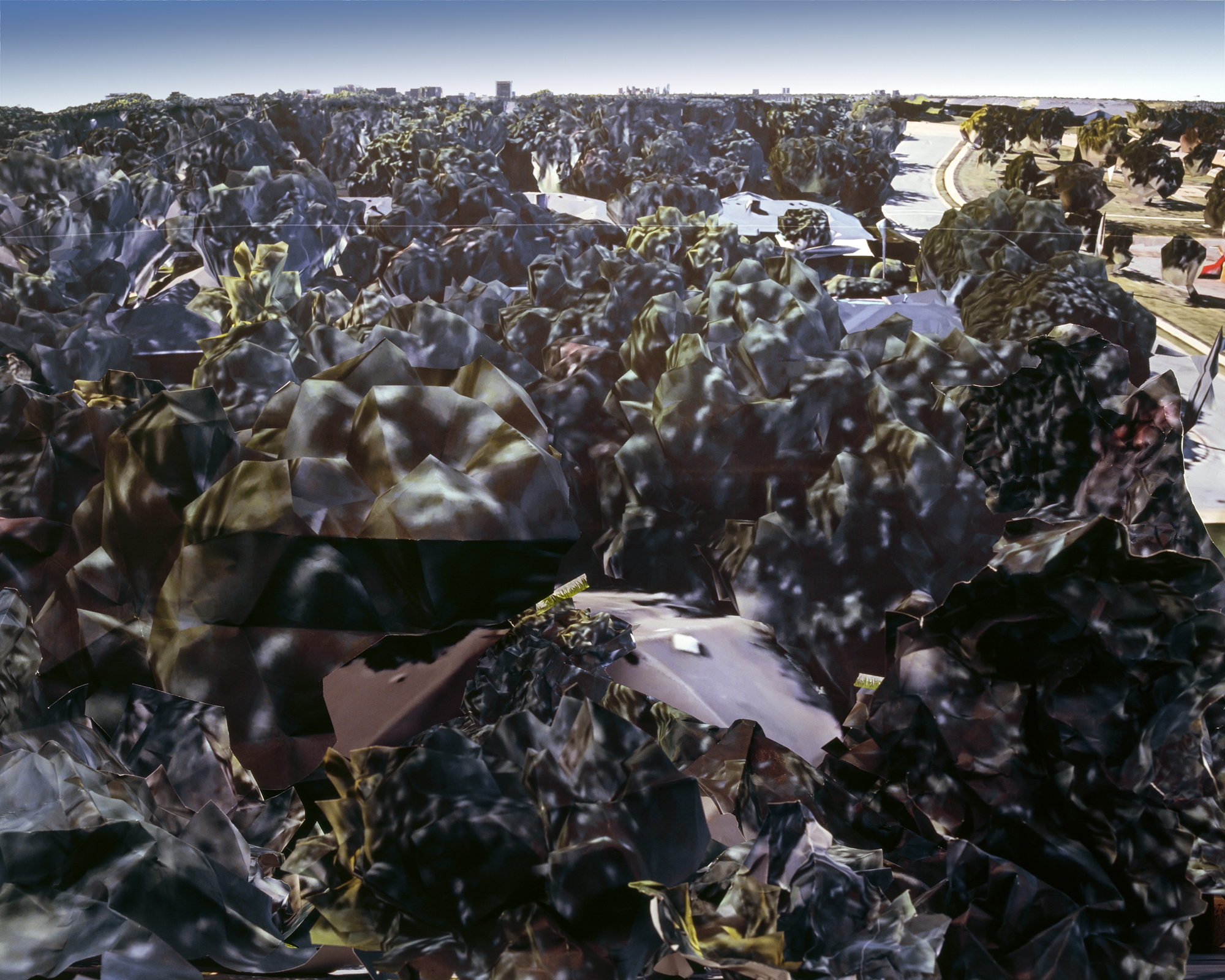 Aerial view of neighborhood made up of collaged images of trees, roofs, and a street.